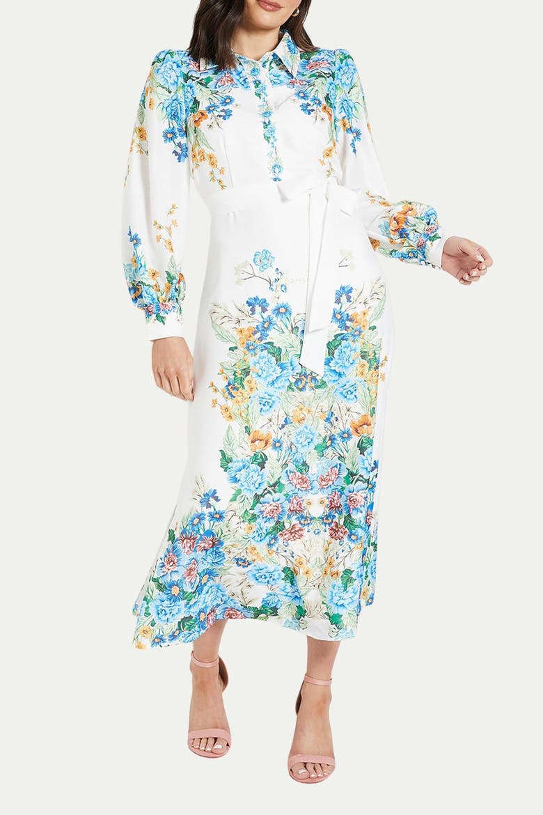 Floral Western Belted Midi Shirt Dress, Alternate, color, Ivory