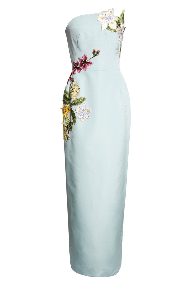 Mixed Botanical Strapless Silk Faille Gown, Alternate, color, SALTWATER