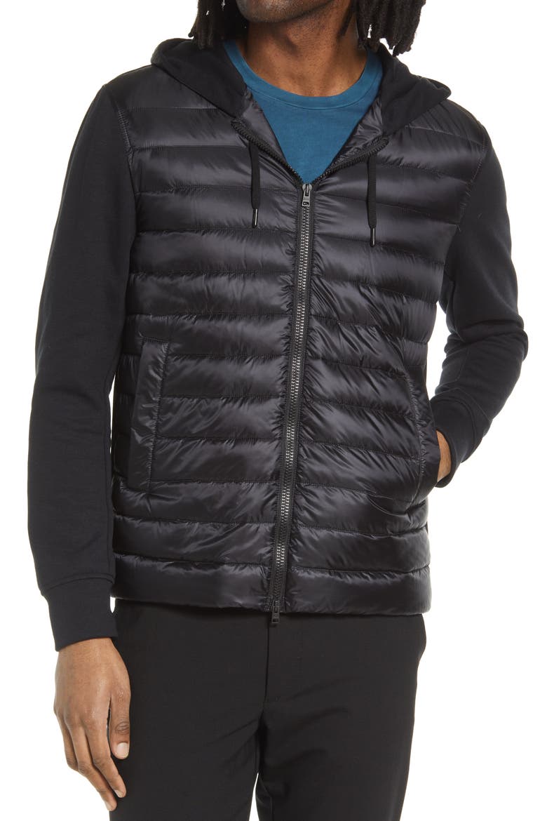 Men's Fleece & Quilted Down Hooded Jacket, Alternate, color, NERO