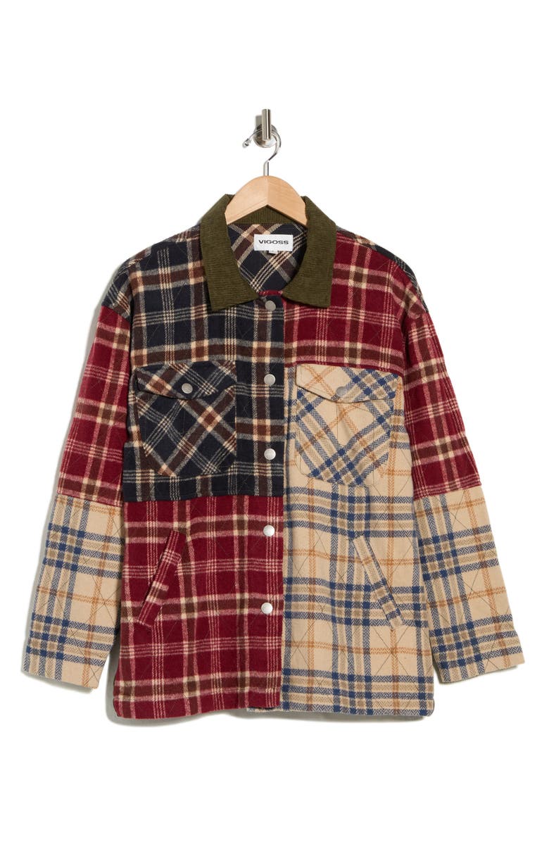 Vigoss Plaid Patchwork Coat, Main, color, Olive