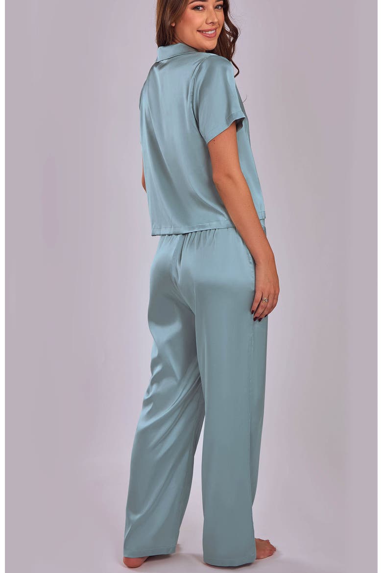 Stretch Satin Pajama Set with Button-Down Top, Alternate, color, Sage
