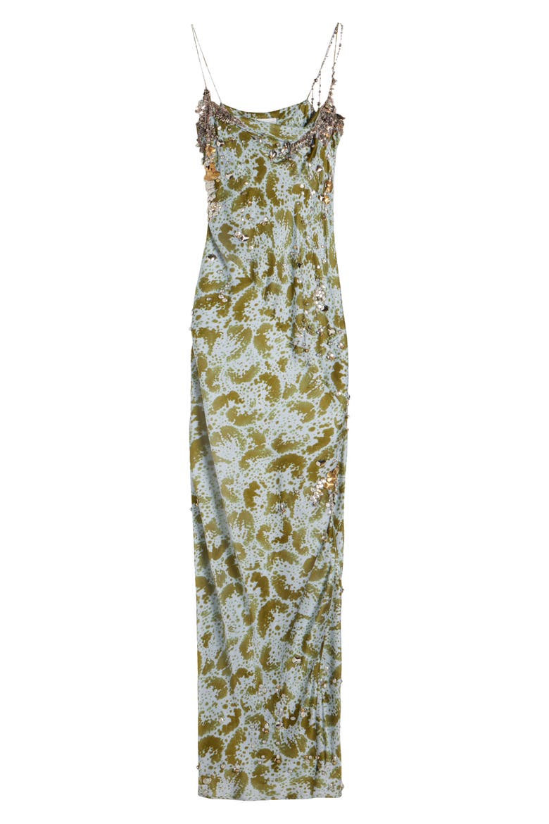 Deryl Orchid Petal Print Embellished Silk Column Gown, Alternate, color, KHAKI