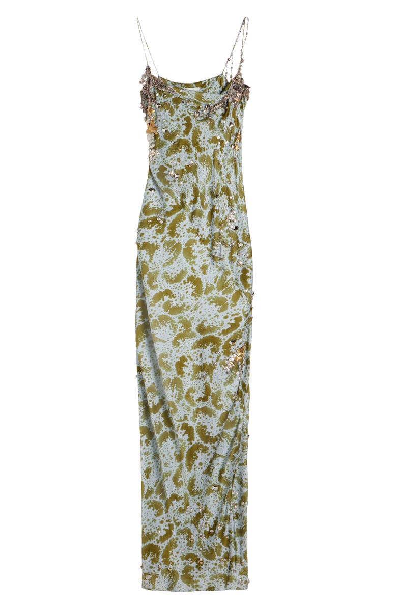 Deryl Orchid Petal Print Embellished Silk Column Gown