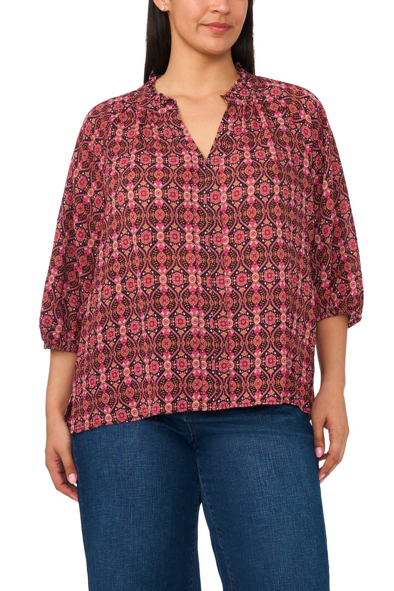 Scarf Print Split Neck Crepe Top, Main, color, RICH BLACK/ BURGUNDY