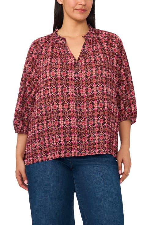 Scarf Print Split Neck Crepe Top