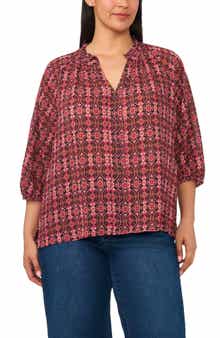Scarf Print Split Neck Crepe Top