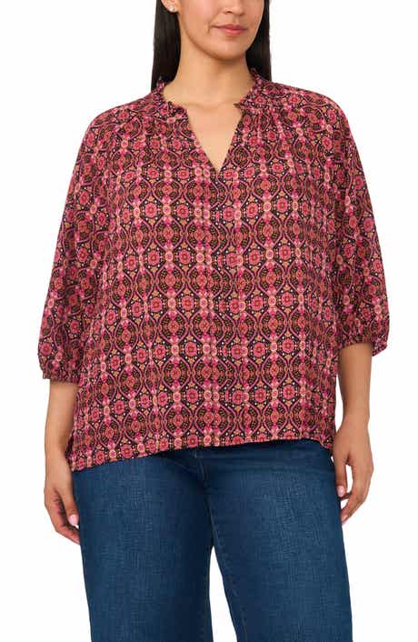 Scarf Print Split Neck Crepe Top