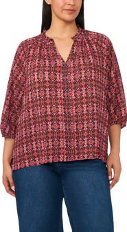 CeCe Scarf Print Split Neck Crepe Top