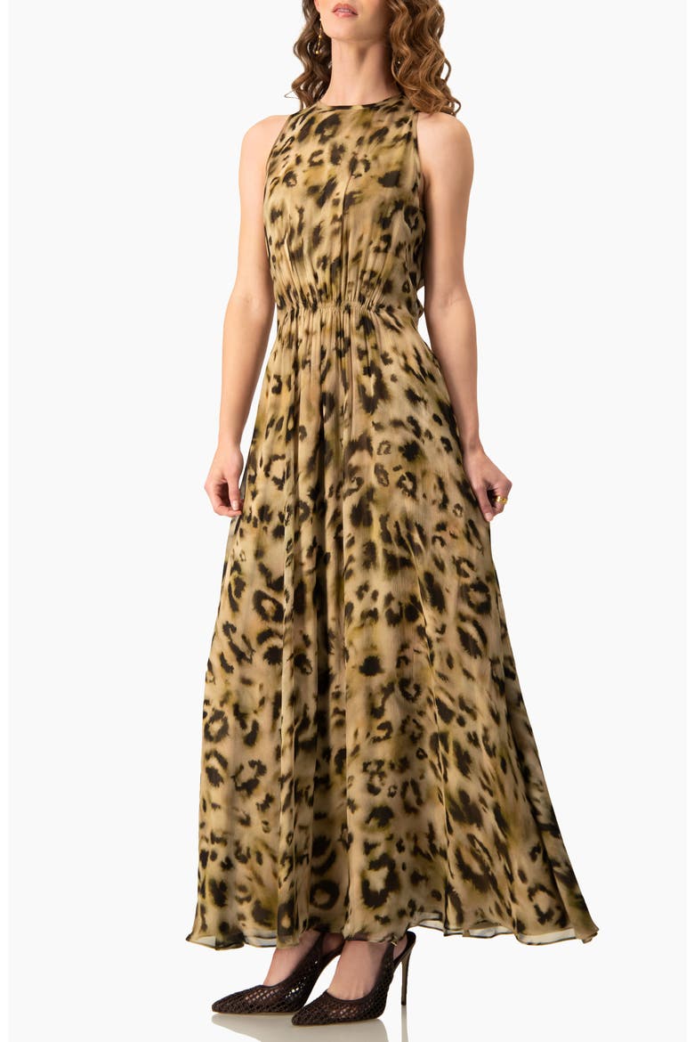 Abstract Animal Print Chiffon, Sleeveless Cinched-Waist A-Line Maxi Dress, Alternate, color, Olive Green
