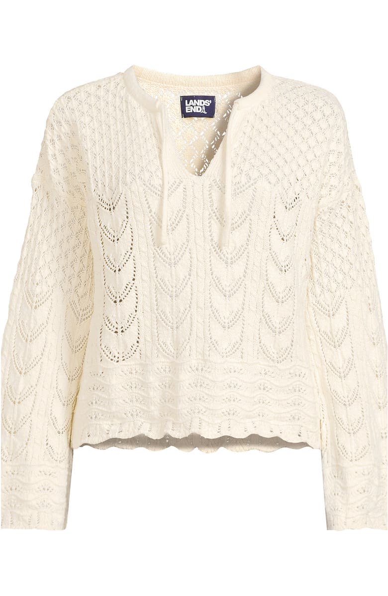 Lands' End Cotton Boucle Pointelle Notch Neck Sweater, Alternate, color, Fresh Ivory