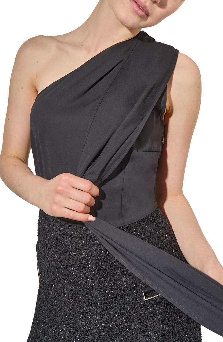 Ming Wang Mixed Media One-Shoulder Dress, Alternate, color, Black