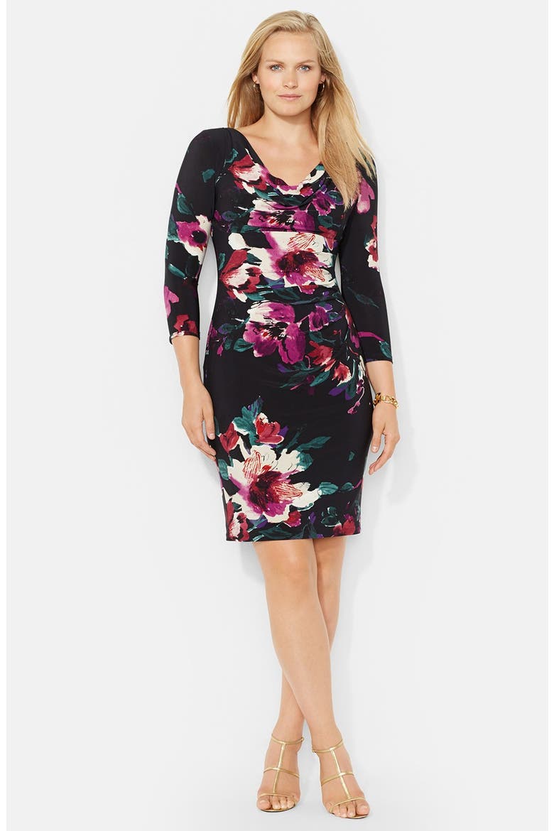 Floral Print Drape Neck Matte Jersey Dress, Main, color, BLACK/ OYSTER/ MULTI