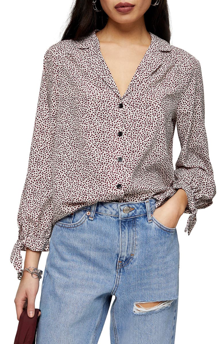 Topshop Micro Animal Print Tie Sleeve Blouse, Main, color, 