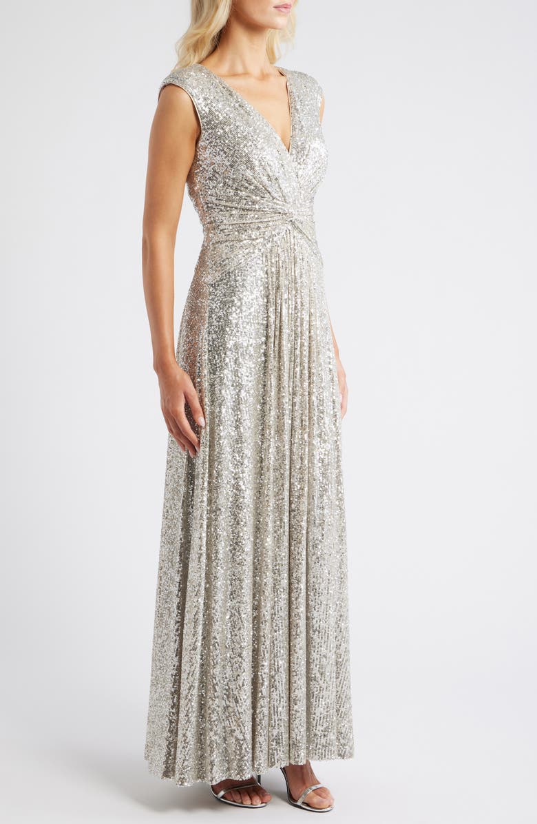 Eliza J Sequin Twist Front Gown, Alternate, color, Silver