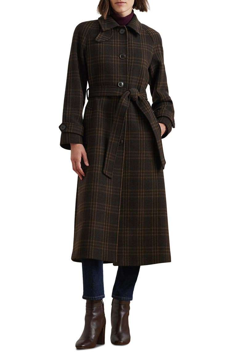 Plaid Wool Blend Maxi Trench Coat, Main, color, BROWN PLAID