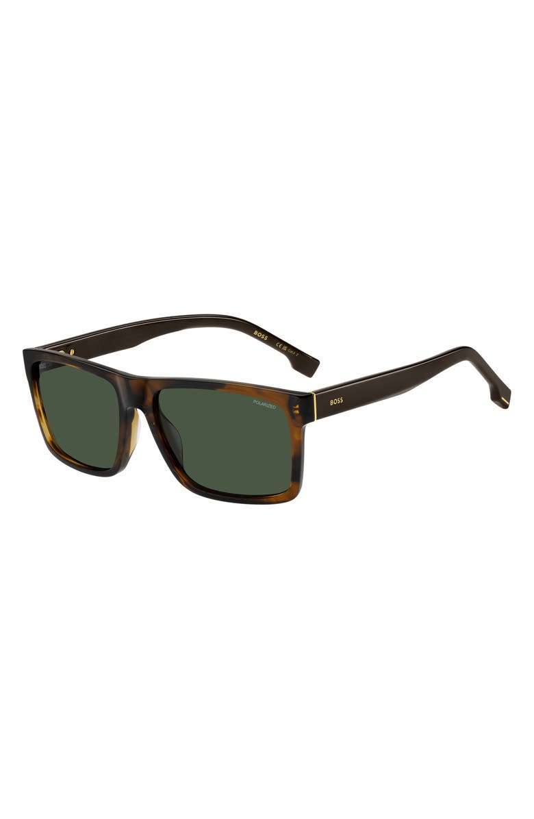 BOSS 59mm Polarized Rectangular Sunglasses, Alternate, color, Brown Horn/ Green Polar