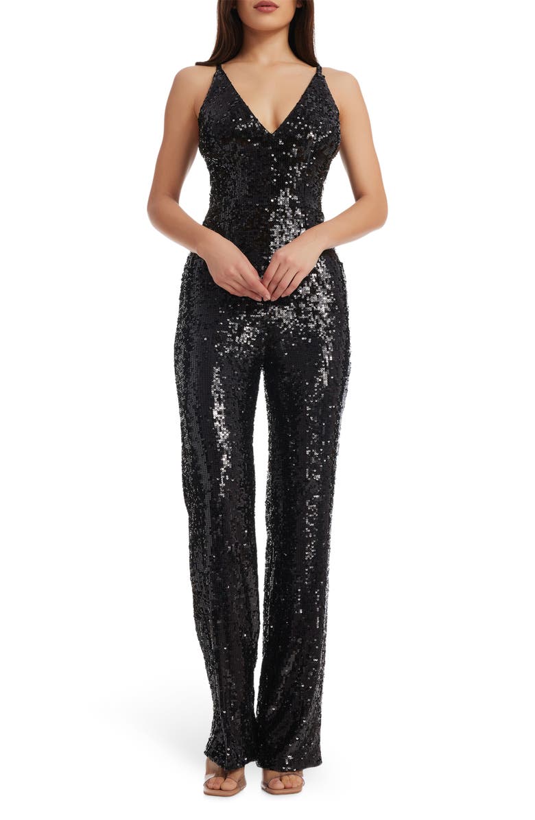 Dress the Population Charlie Sequin Wide Leg Jumpsuit, Main, color, Black