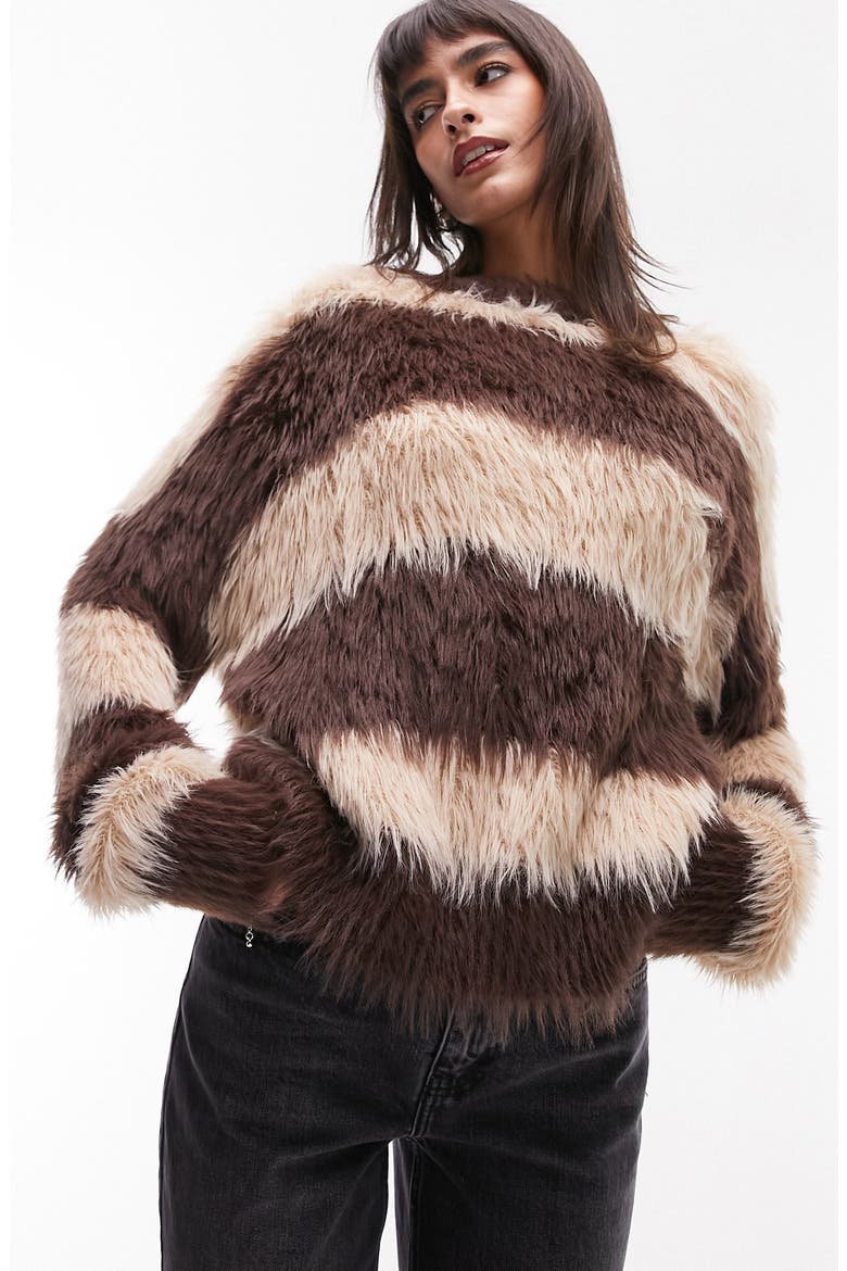 Stripe Faux Fur Sweater, Main, color, STONE
