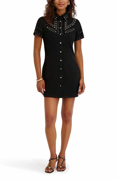 Studded Button Front Shirtdress