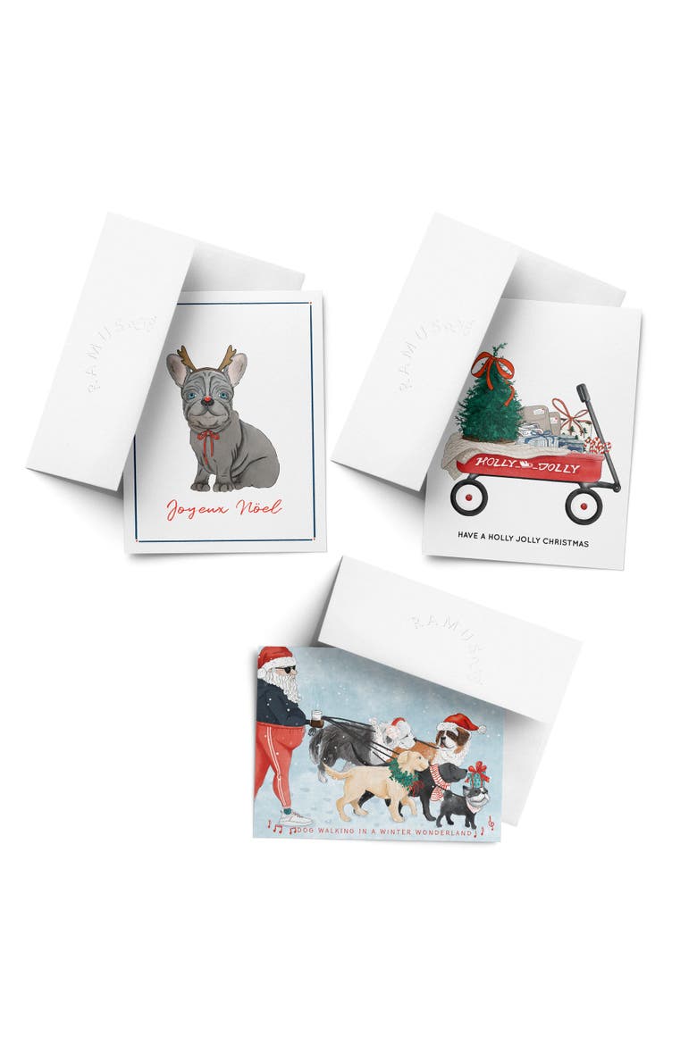 Reindeer Frenchie Dog, Christmas Wagon, Santa Dog Walking Winter/Holiday/Christmas Greeting Card Pack Sets, Main, color, Multi-Pack