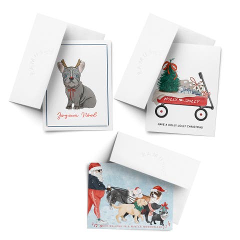 Reindeer Frenchie Dog, Christmas Wagon, Santa Dog Walking Winter/Holiday/Christmas Greeting Card Pack Sets