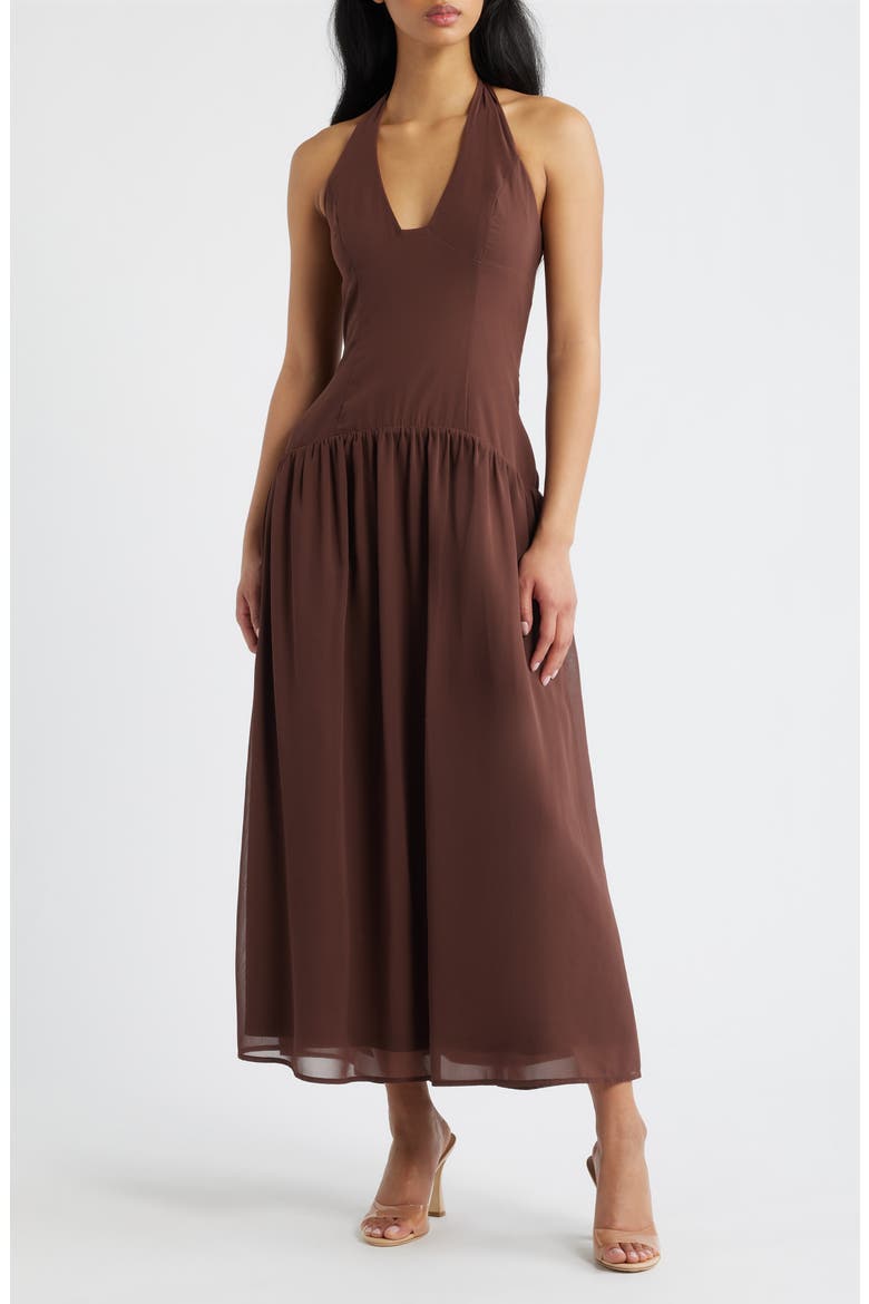 Chestnut Halter Neck Drop Waist Maxi Dress, Main, color, BROWN