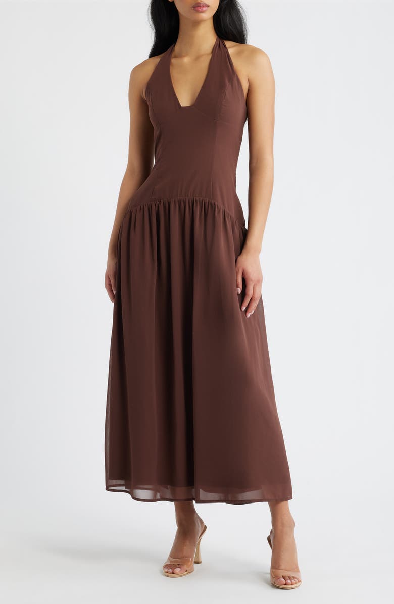 Princess Polly Chestnut Halter Neck Drop Waist Maxi Dress, Main, color, Brown