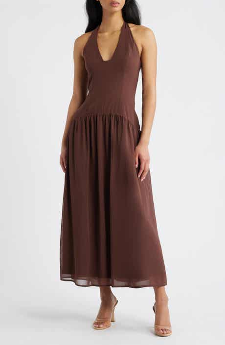 Chestnut Halter Neck Drop Waist Maxi Dress