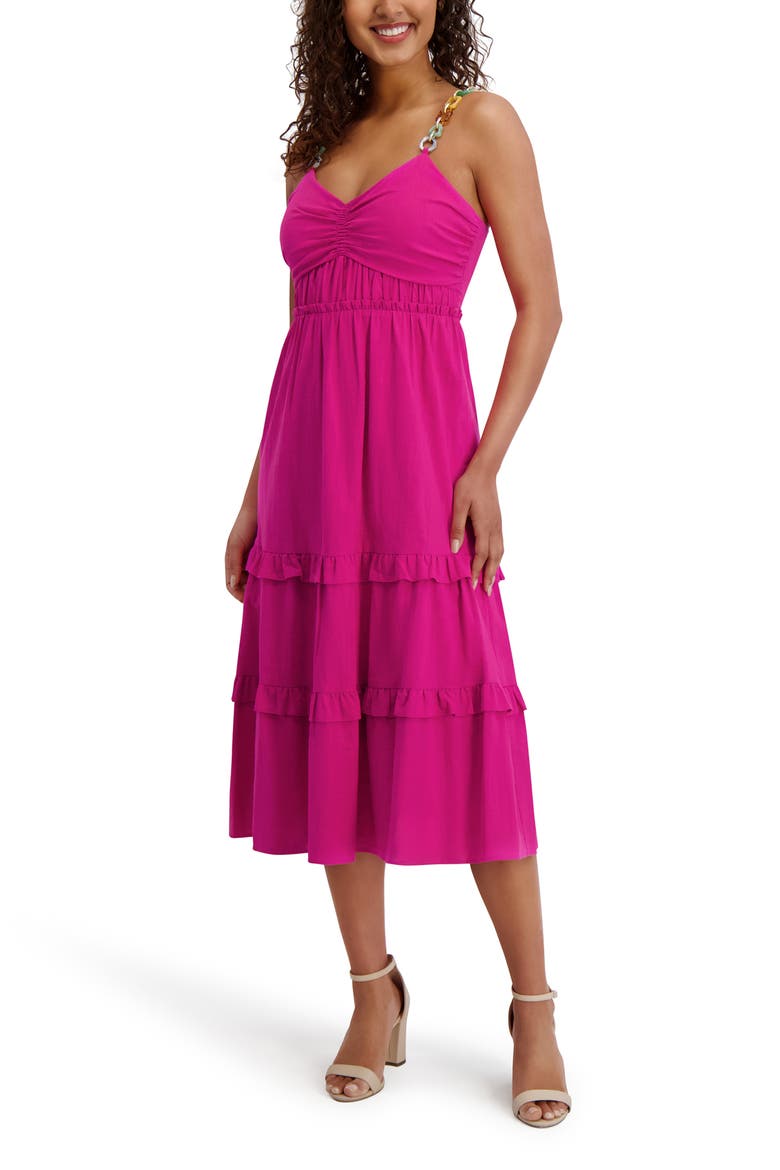 Embellished Tiered Midi Dress, Alternate, color, HOT PINK