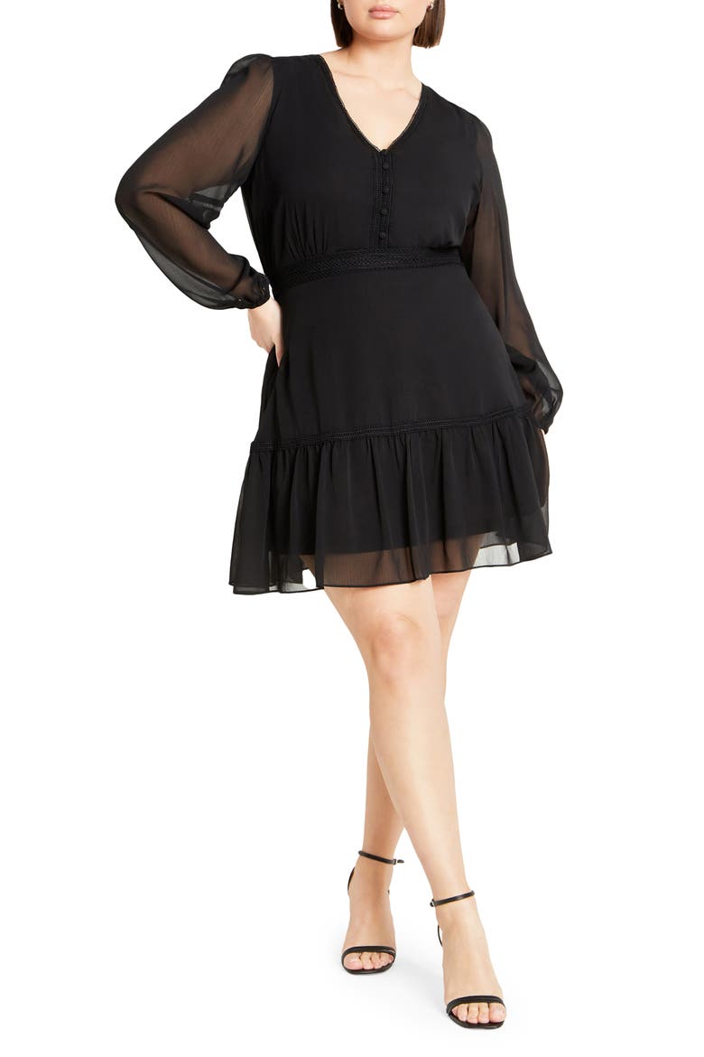 Navy Embroidered Sheer Balloon Sleeve Dress, Main, color, BLACK