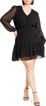 City Chic Navy Embroidered Sheer Balloon Sleeve Dress