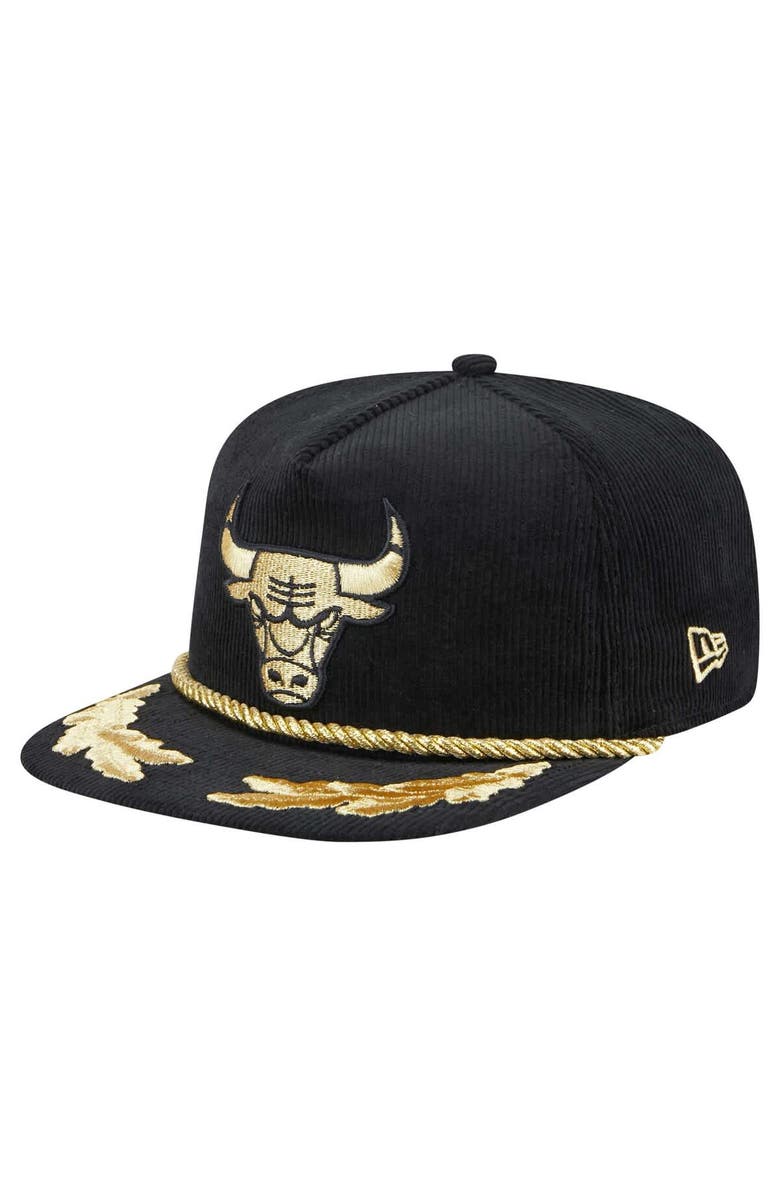 New Era Men's New Era Black Chicago Bulls Corduroy Gold Leaf Golfer Snapback Hat, Main, color, Black
