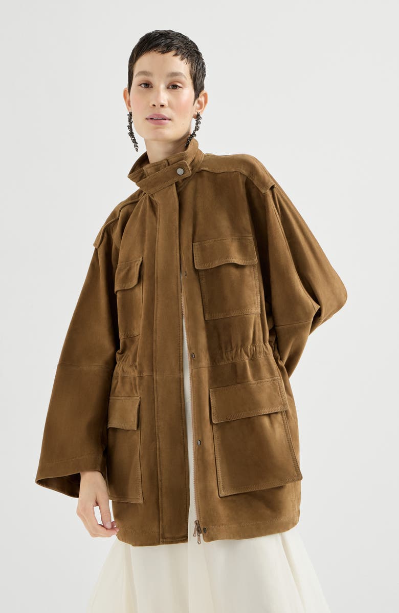Brunello Cucinelli Couture suede safari jacket, Alternate, color, Brown