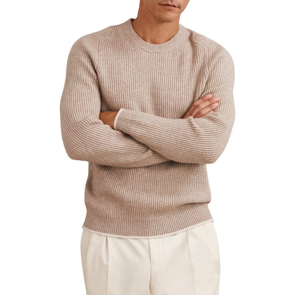 Reiss Oatmeal Brown Brushed Rib-knit Crew-neck Jumper With Wool