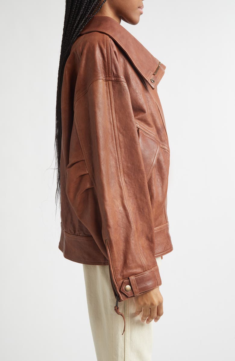 Balmain High Collar Leather Bomber Jacket, Alternate, color, 8Eh Brown