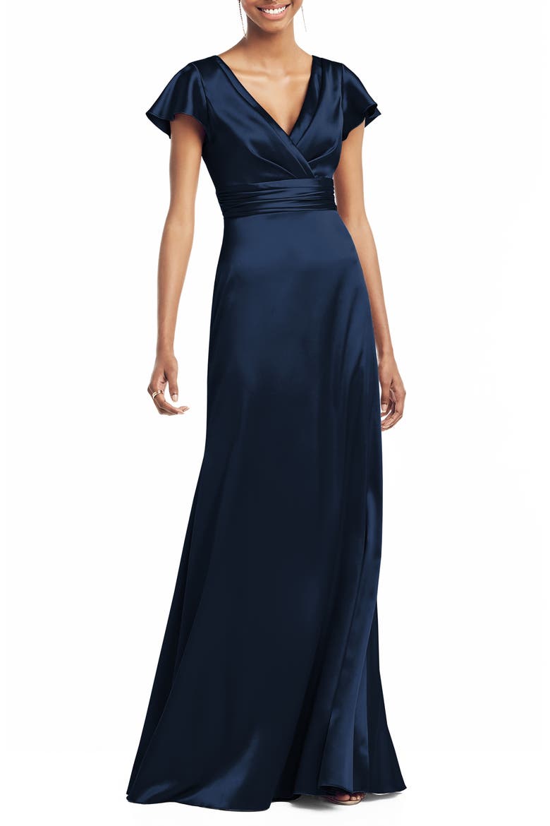 V-Neck Satin Trumpet Gown, Main, color, MIDNIGHT