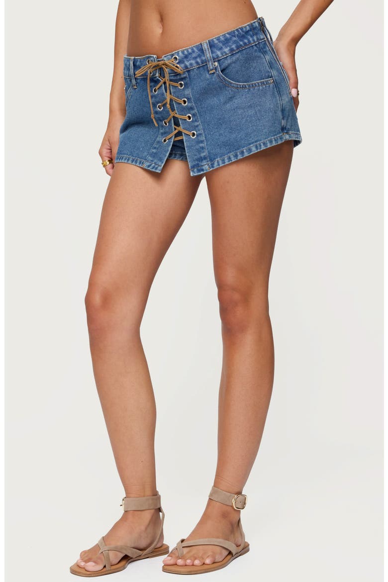Olivera Lace Up Denim Mini Skort, Alternate, color, BLUE-WASHED