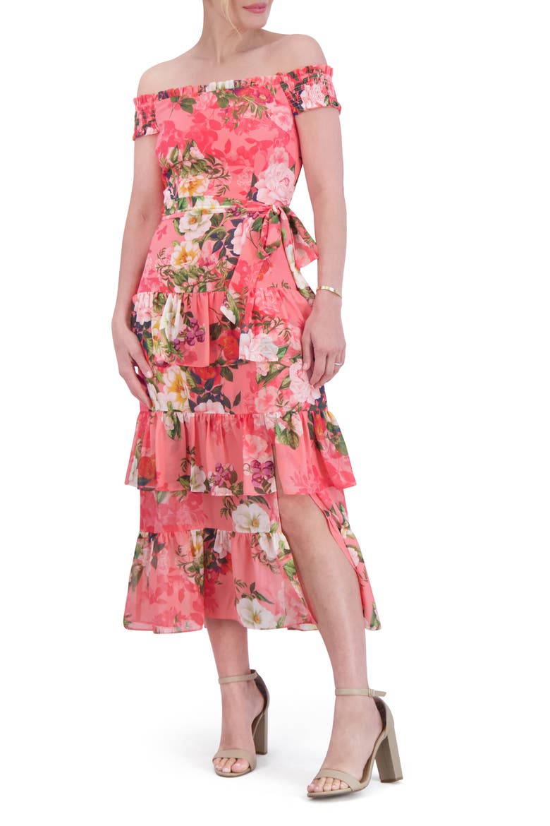 Floral Off the Shoulder Tiered Midi Dress, Alternate, color, CORAL