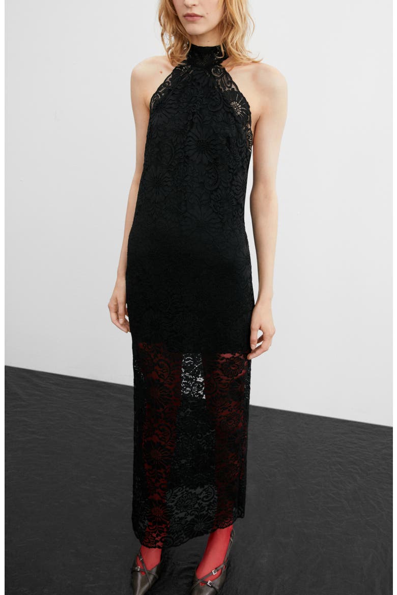 Halter Neck Lace Dress, Alternate, color, BLACK