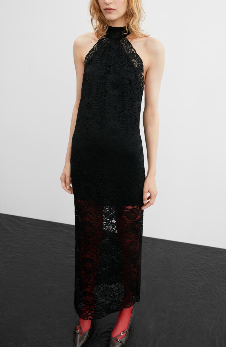 MANGO Halter Neck Lace Dress, Alternate, color,
