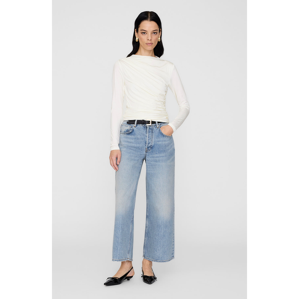 Anine Bing Draped Long Sleeve Stretch Fabric Top In Blue