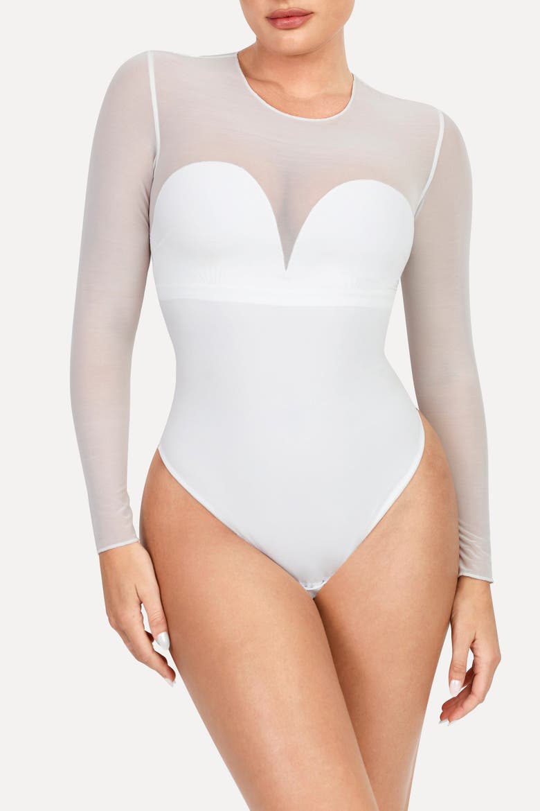 Sheer Mesh Sultry Date Night & Cocktail Long Sleeve Bodysuit, Alternate, color, Ivory