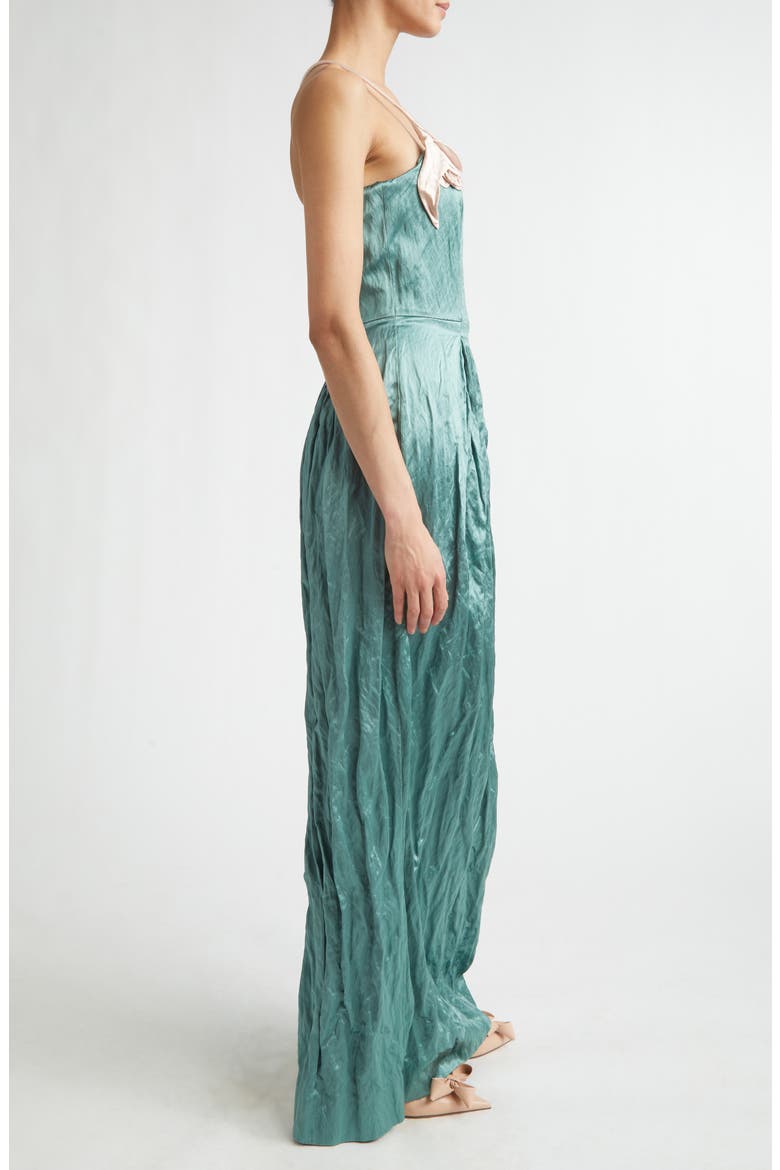 Tulip Appliqué Strapless Crinkled Metallic Satin Evening Gown, Alternate, color, EAU DE NIL