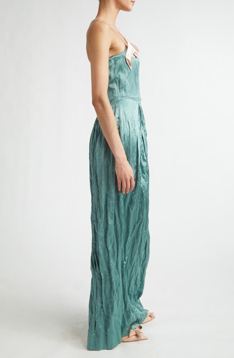Erdem Tulip Appliqué Strapless Crinkled Metallic Satin Evening Gown, Alternate, color, Eau De Nil