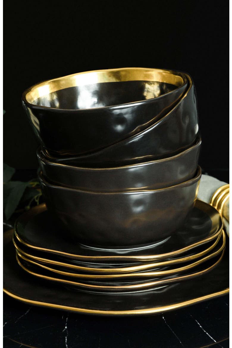 Florian Porcelain 16-Piece Dinnerware Set, Alternate, color, Black