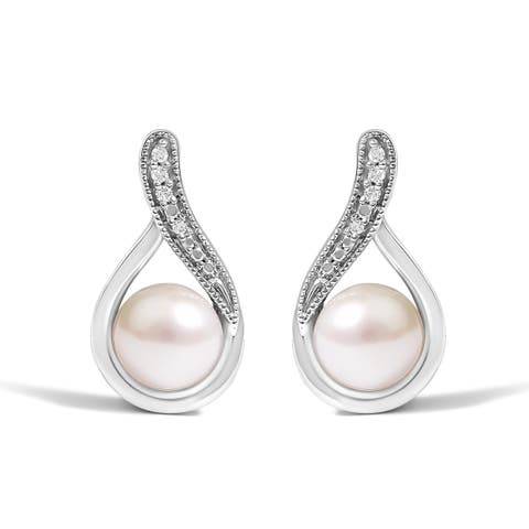 Sterling Silver White Freshwater Cultured Pearl And Diamond Accent Teardrop Stud Earrings