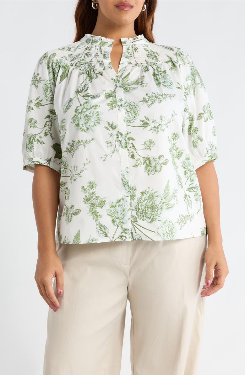 SUGARLIPS Bria Floral Blossom Smocked Button-Up Top, Main, color, White Olives