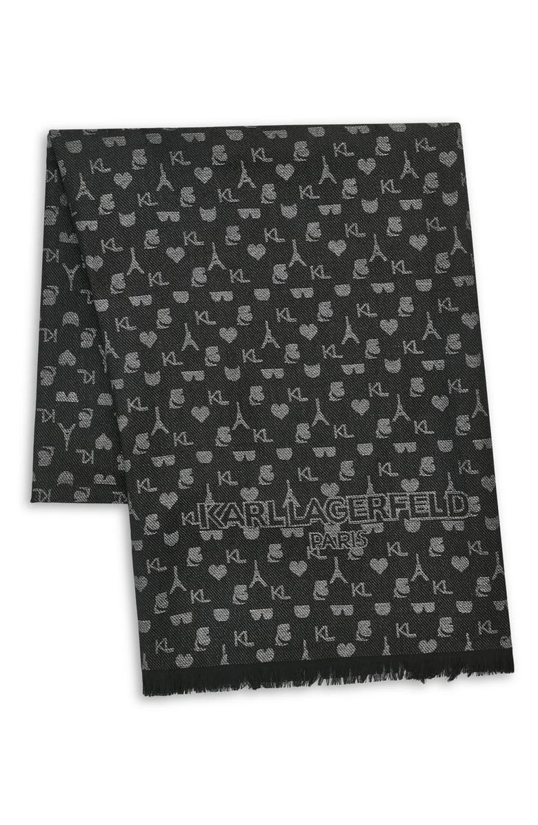 KARL LAGERFELD PARIS Metallic Logo Scarf, Alternate, color, Black