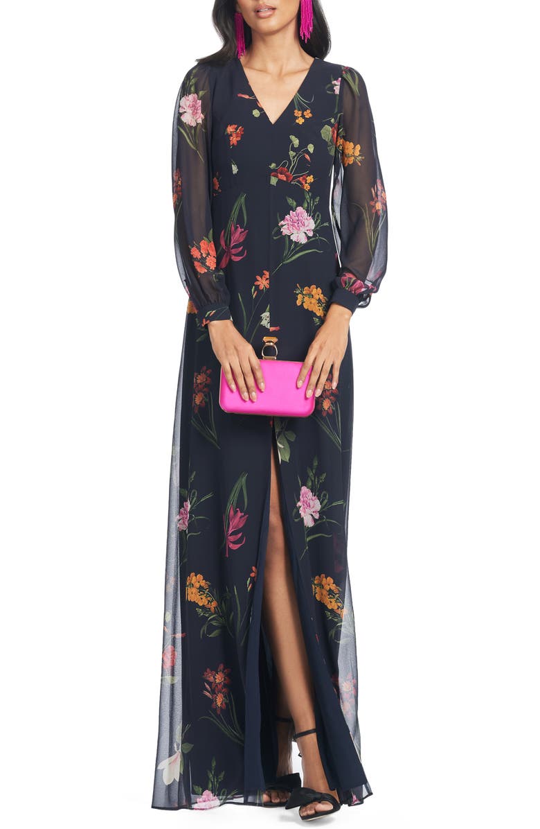 Sachin & Babi Penny Long Sleeve Gown, Main, color, Dark Midnight Bouquet