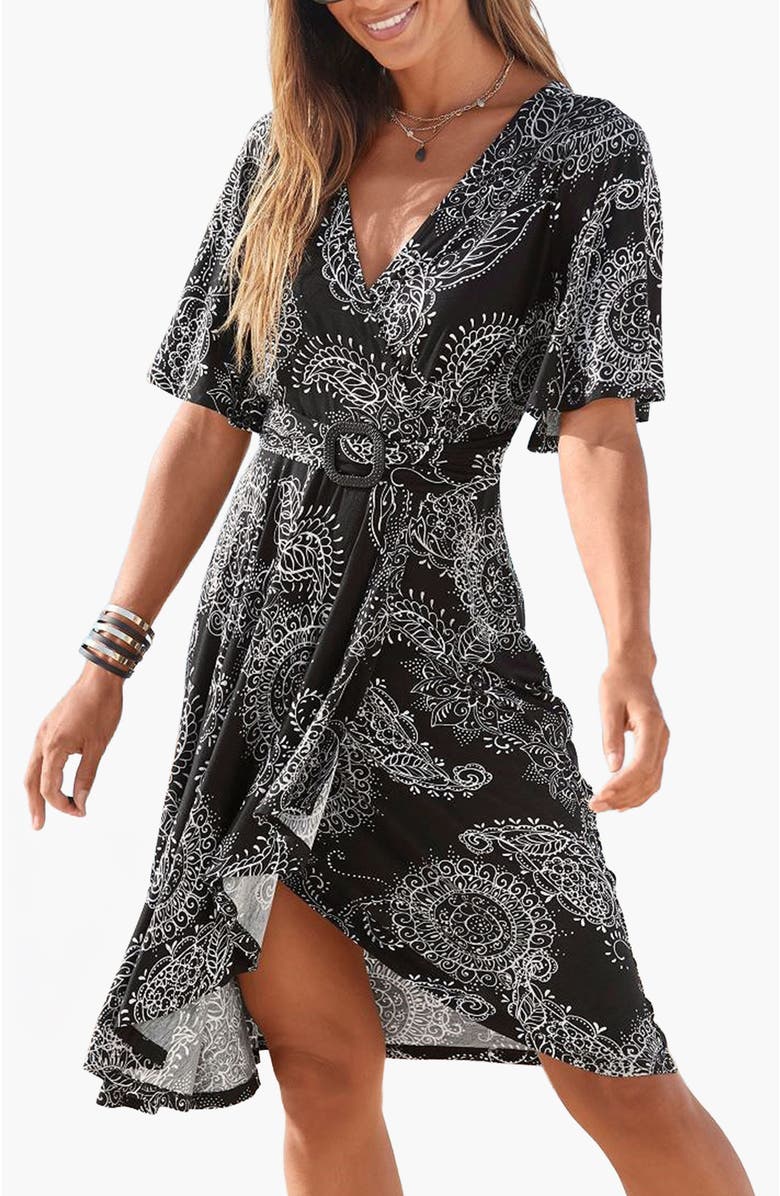 LASCANA Women's Belted Asymmetrical Dress, Main, color, Black Printed